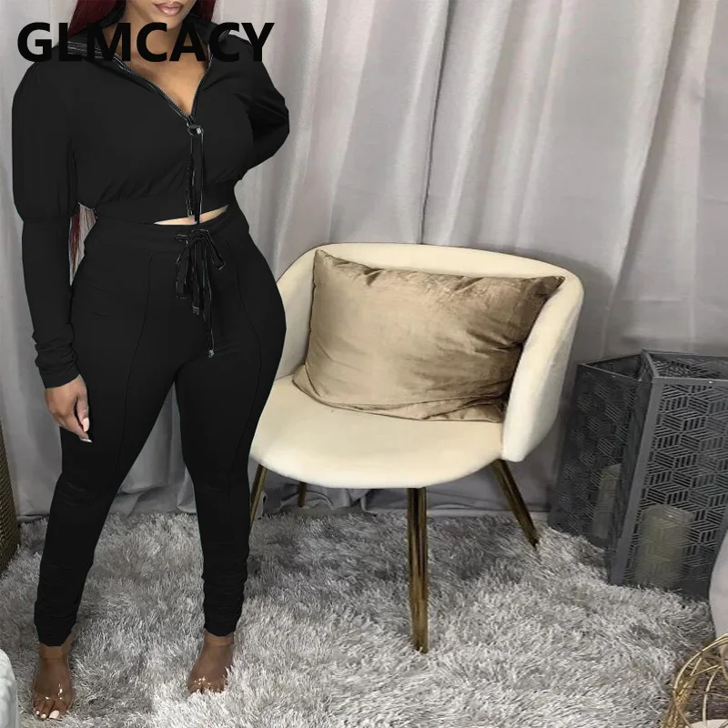 

Women Two Piece Solid Tracksuits Long Sleeve Zipper Jacket & Drawstring Pants Set