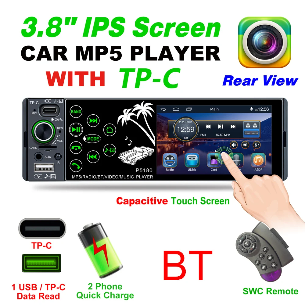 1 Din 3.8 Inch Car Radio Stereo IPS Capacitive Touch Screen USB AUX FM AM RDS + Radio Receiver  TF Card U Disk + Type C