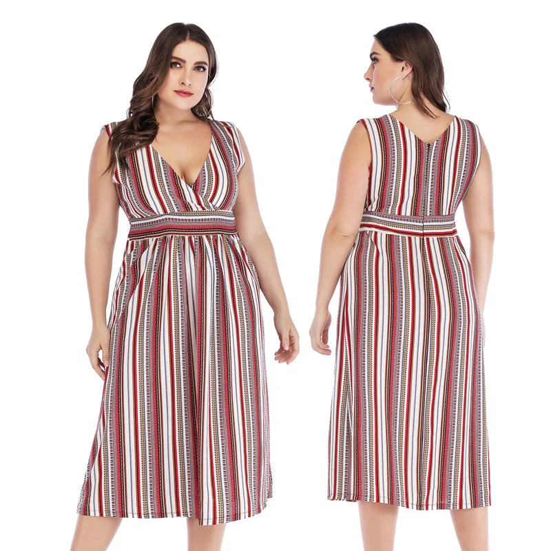 

Sexy V-neck Red Stripe Waist Down Slim Plus Size Xl-5XL Vest Dress Summer Sleeveless Long Large Loose Women's High Street Dress