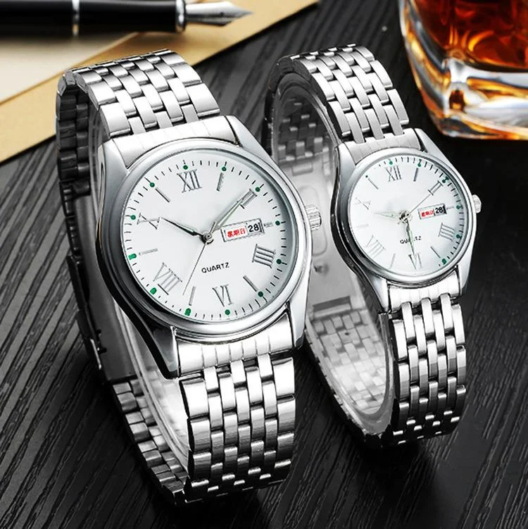 

Steel band double calendar non mechanical watch men's and women's lovers waterproof quartz watch