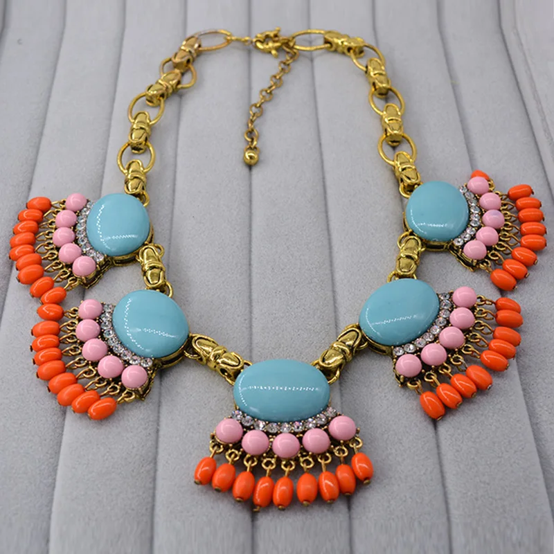 

Baroque large size necklace for women colorful resin beads ethnic style retro fashion sweater chain hyperbole jewelry necklace