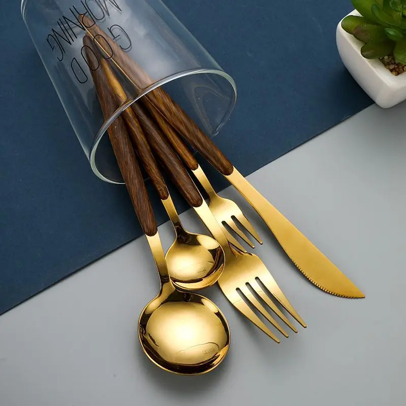 Золотой столовый нож с деревянной ручкой из нержавеющей стали вилка ложка