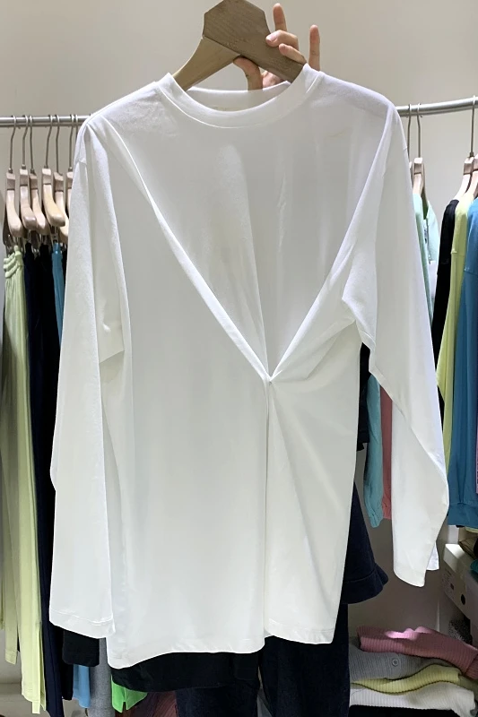

2021 Spring and Summer New Korean Solid Side Buckle Loose All-Match Casual round Neck Long Sleeve T-shirt for Women