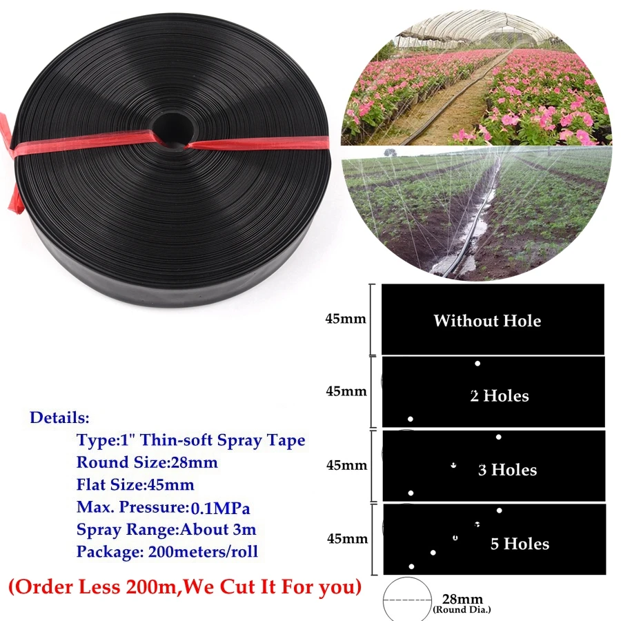 

100m-5m 0~5Holes 1" Φ28mm Thin-Soft Spray Tape Agricultural Irrigation Hose Sprinkler Greenhouse Lawn Watering System Tube Pipe
