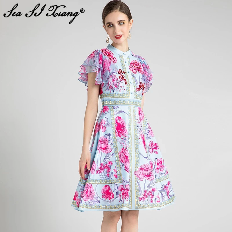 

Seasixiang Fashion Designer Summer Dress Women Stand Collar Butterfly Sleeve Flowers Print Beading Vintage Short Dresses