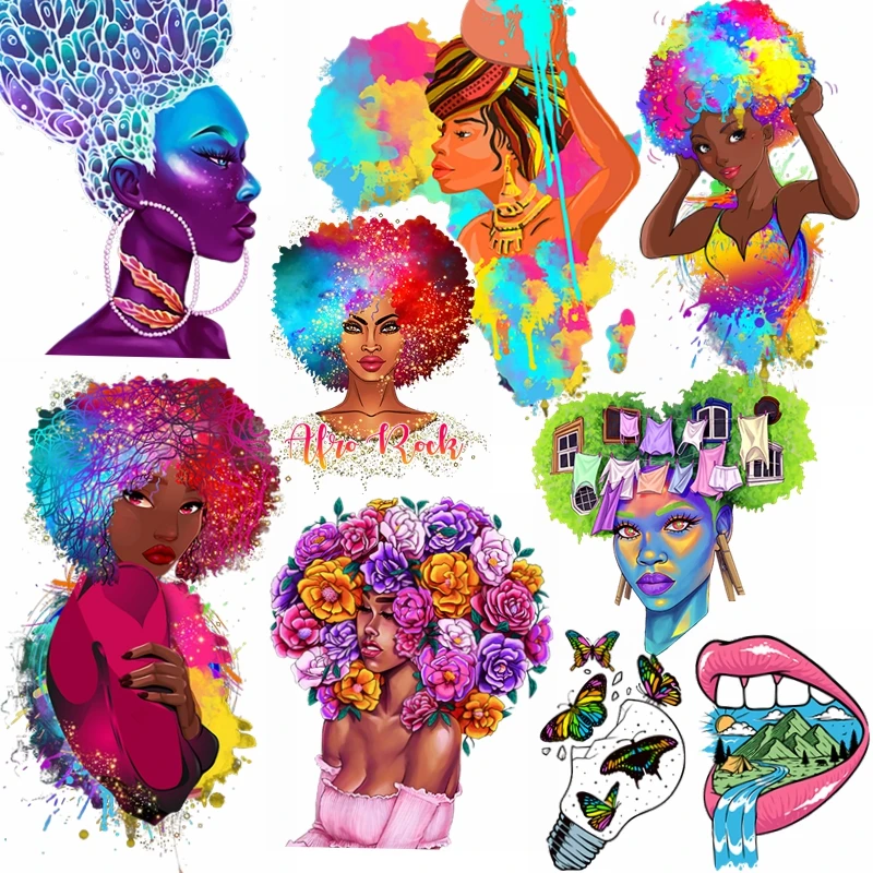 

Beautiful African Women Patch Flower Butterfly Thermal Stickers Heart-Sensive Appliques Washable Women T-Shirt DIY On Dress