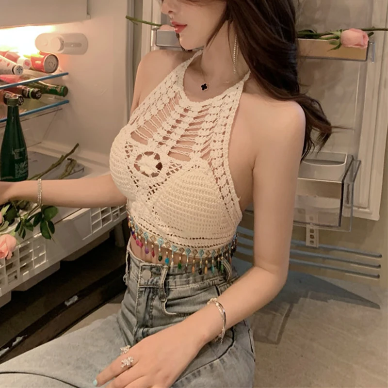 

Sexy Tank Hanging Neck Lace Fringed Tube Halter Tops Women Summer Sleeveless Camisole Fashion Casual Tube Top Female Vest