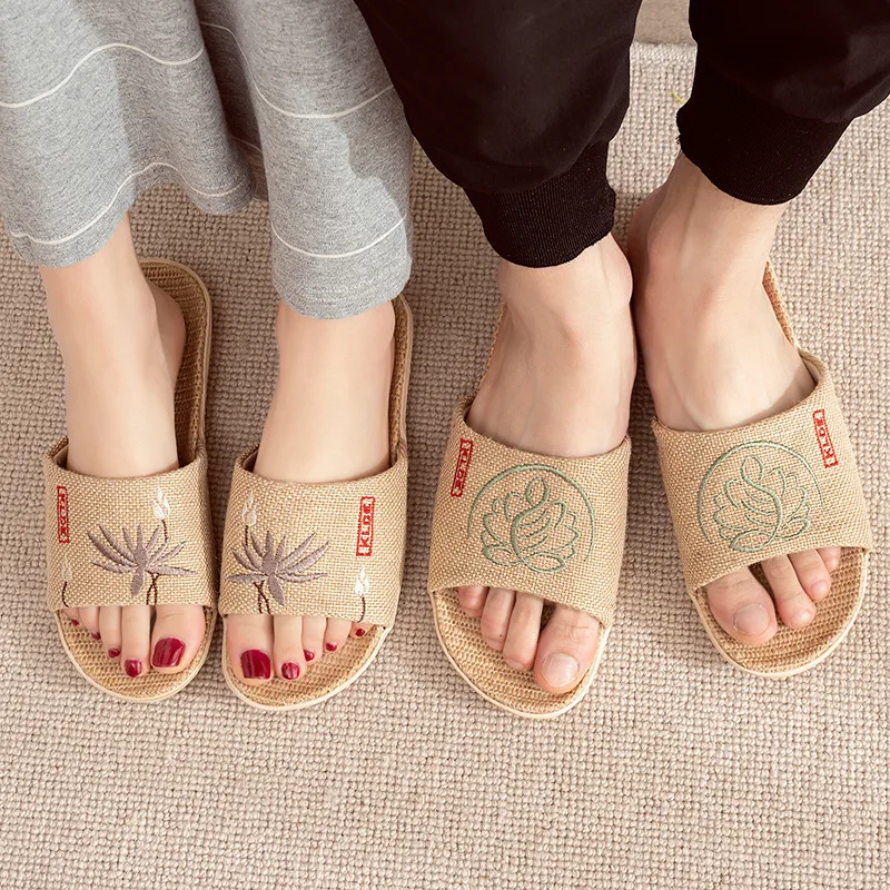 Mntrerm Linen Slippers Women's Home Four Seasons Soft Bottom Spring and Autumn Cotton Linen Couple Home Sandals Slipper Women