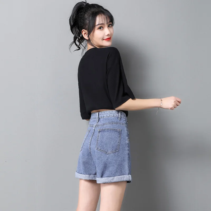 

Chic Khaki 2021 Summer New Loose High Waist Slimming Denim Shorts Curling Kong Style Student Wide Leg Hot Pants Women's