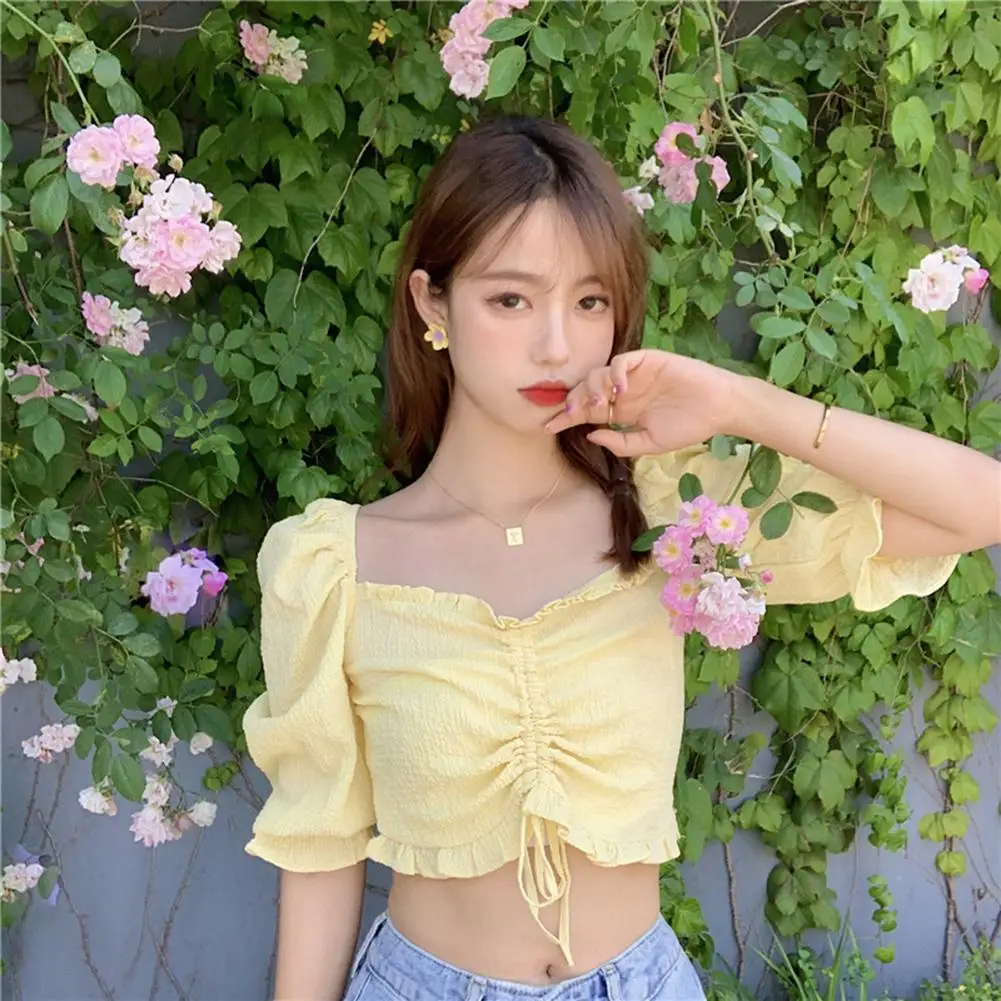 Женский летний модный однотонный топ с рукавами фонариками и v образным вырезом