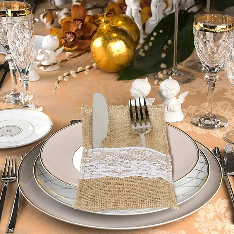 

50PC Burlap Lace Tableware Cutlery, Fork, Napkin, Silverware Holder Bag, Suitable for Country Wedding Party