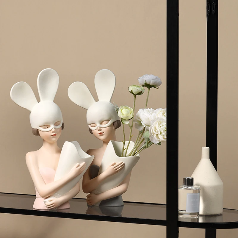 

European Bunny Flower Girl Ornaments Living Room Porch Dining Table Resin Statuette Home Decoration Accessories Girl Figurine