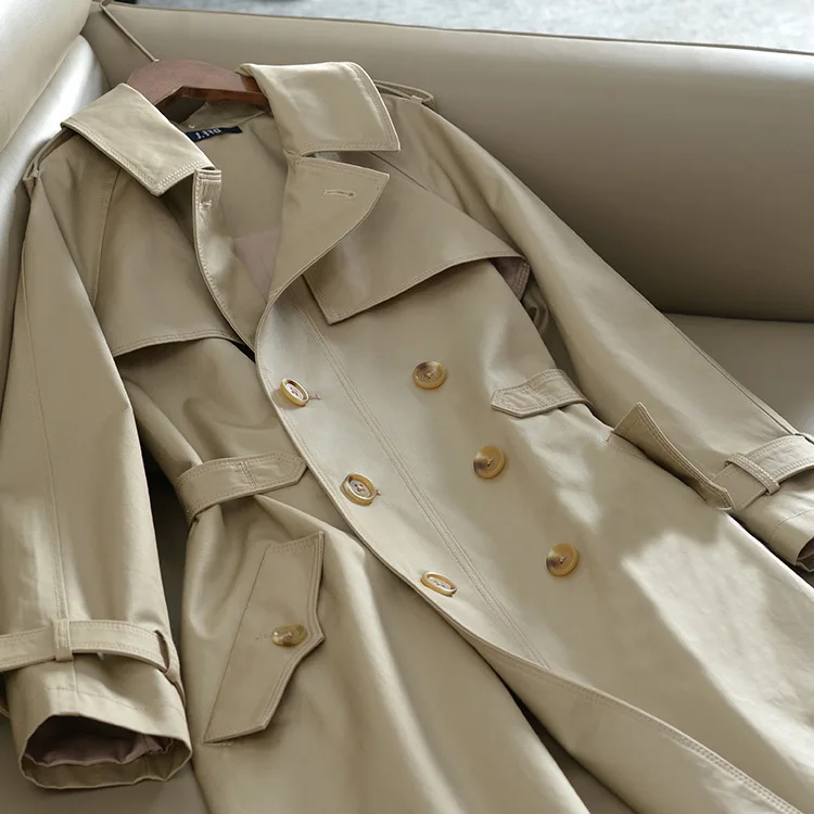 

Khaki Double-breasted Trench Coat Women Autumn British Lapel Long Windbreaker Ladies Loose Cloak Dust Coat Spring Outwear L880