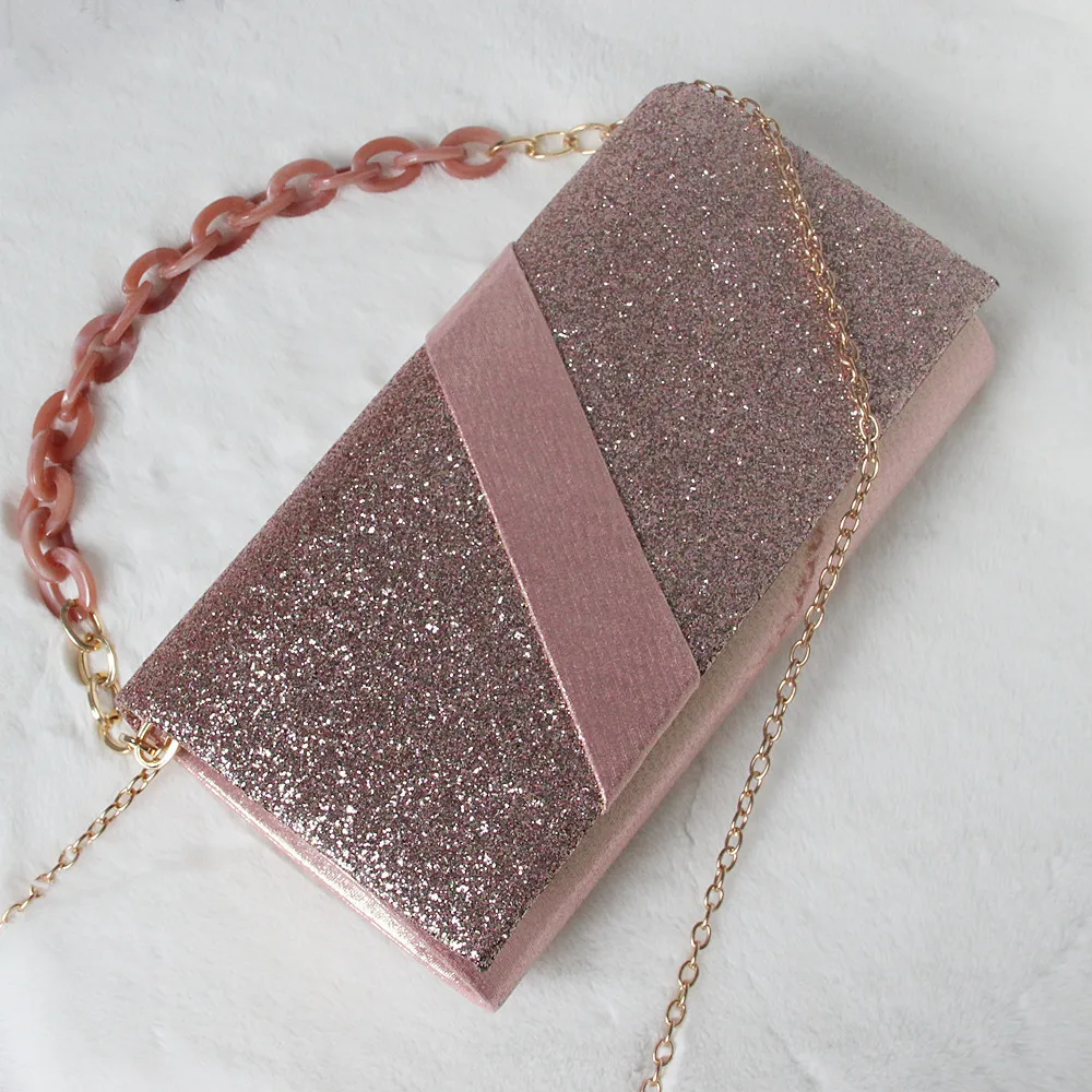 New Fashion Purse Women Messenger Bag Solid Luxury Pink PU Leather Evening Bag Glitter Handbag Party Trendy Casual Day Clutch