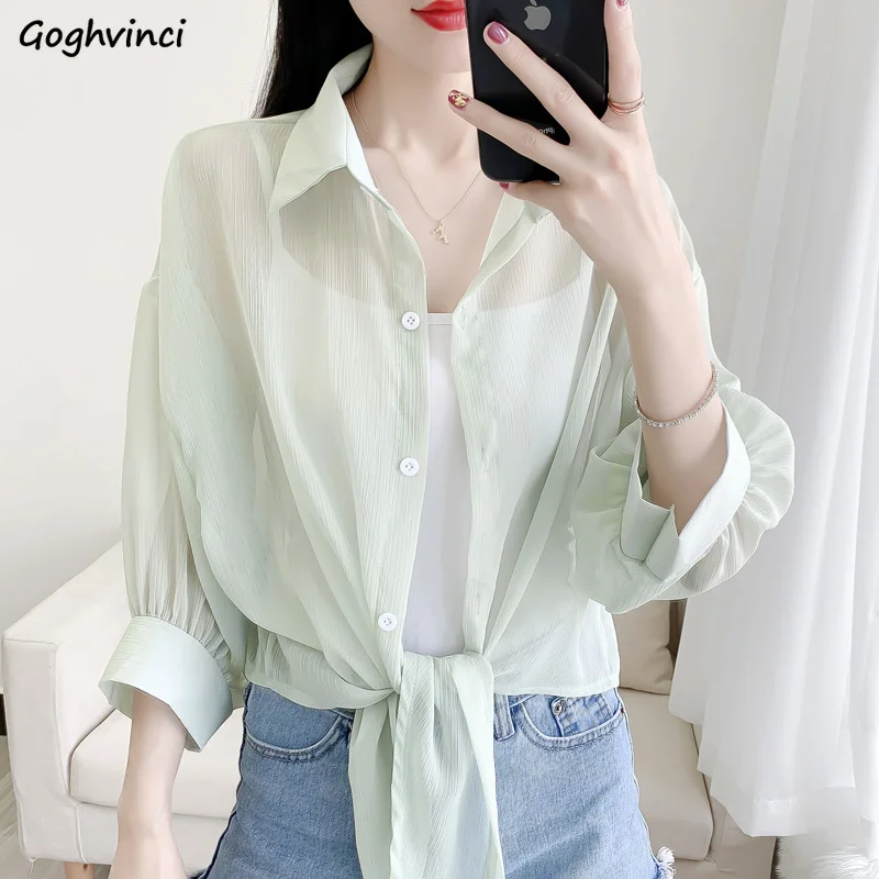 

Blouses Shirts Women Chiffon Solid Turn-down Collar Batwing Sleeve Thin Breathable Popular Sun-protect Outwear Simple Casual New