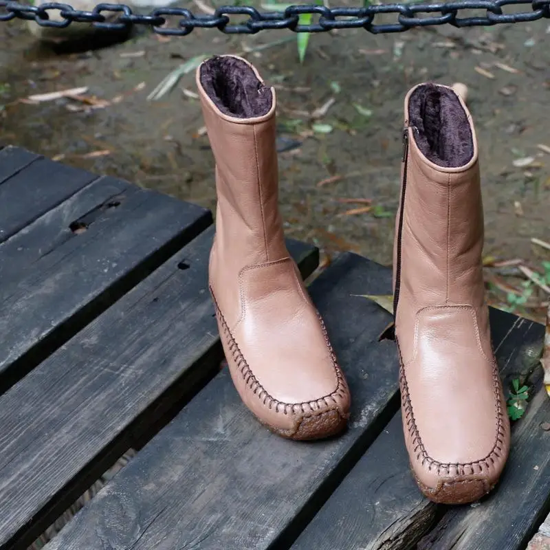 

New 2022 Autumn/Winter Genuine Leather Sheepskin Zipper Flat With Mesh Bonded Leather Platform Boots Women Shoes