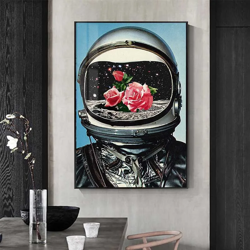 

Space Rose Astronaut Wall Art Canvas Painting Walk On The Moon Universe Eploration Poster Cuadros for Living Room Home Decor
