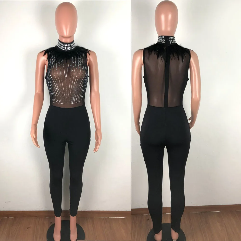 Стразы с бриллиантами праздвечерние чный комбинезон перьями Женский сетчатый