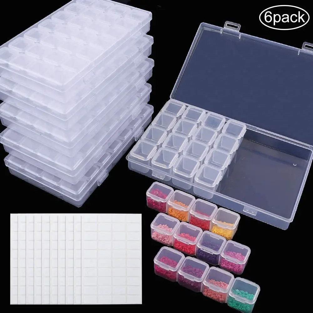 

6 Pack 28 Grids Diamond Painting Boxes Organizer 5D Diamond Embroidery with 400pcs Label Stickers for Painting Accessories