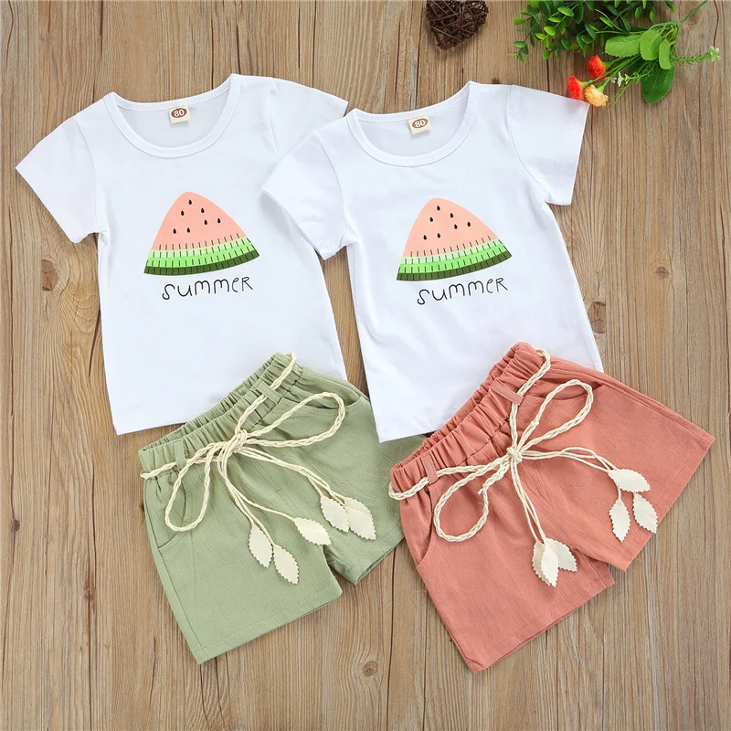 

2pcs Kids Baby Girls Summer Suit Set,Children Girls Watermelon Print O-Neck Short Sleeve Tops+Solid Color Shorts,12Months-4Years