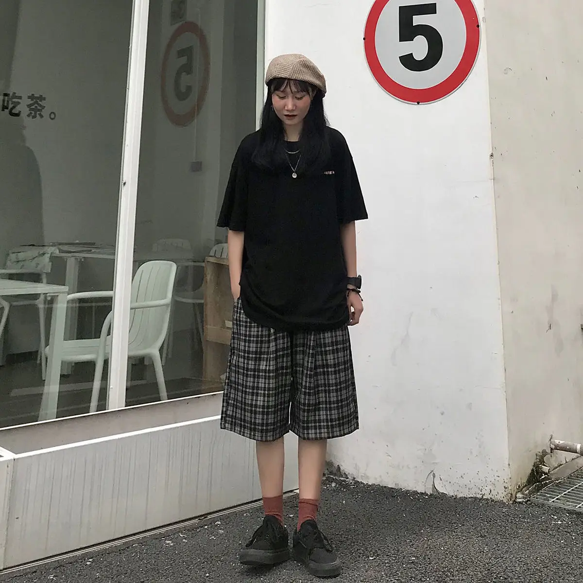 

traf Cool retro plaid shorts couple summer straight wide-leg casual women's five-point pants loose slim pants shorts de playa