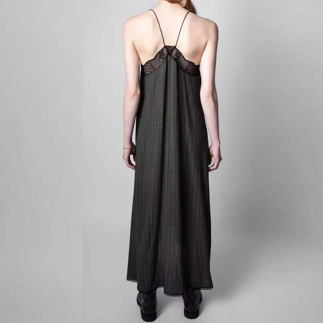 

Letters Print Viscose Women Sling Midi Dress Lady Sexy Lace Trim Stiching 2021 Summer Sleeveless Holiday Camisole Long Dresses