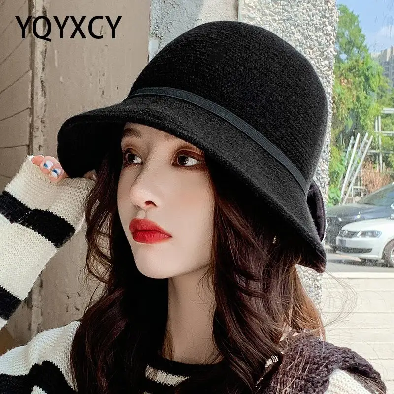 

YQYXCY женская шапка зимняя Панама женская осенне-зимняя шапка для женщин шерстяная вязаная шапка с бантом Gorros Bob 2020 Новая мода