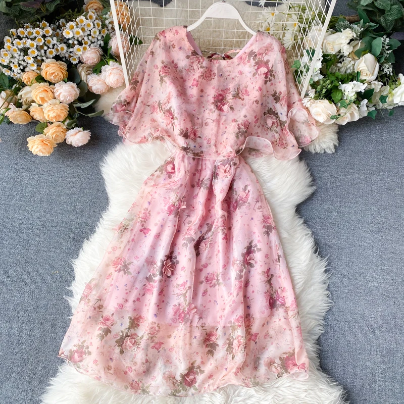 

Spring and summer new sweet petals lotus leaf Dress Round neck temperament fashion woman dress Short sleeve dresses for women