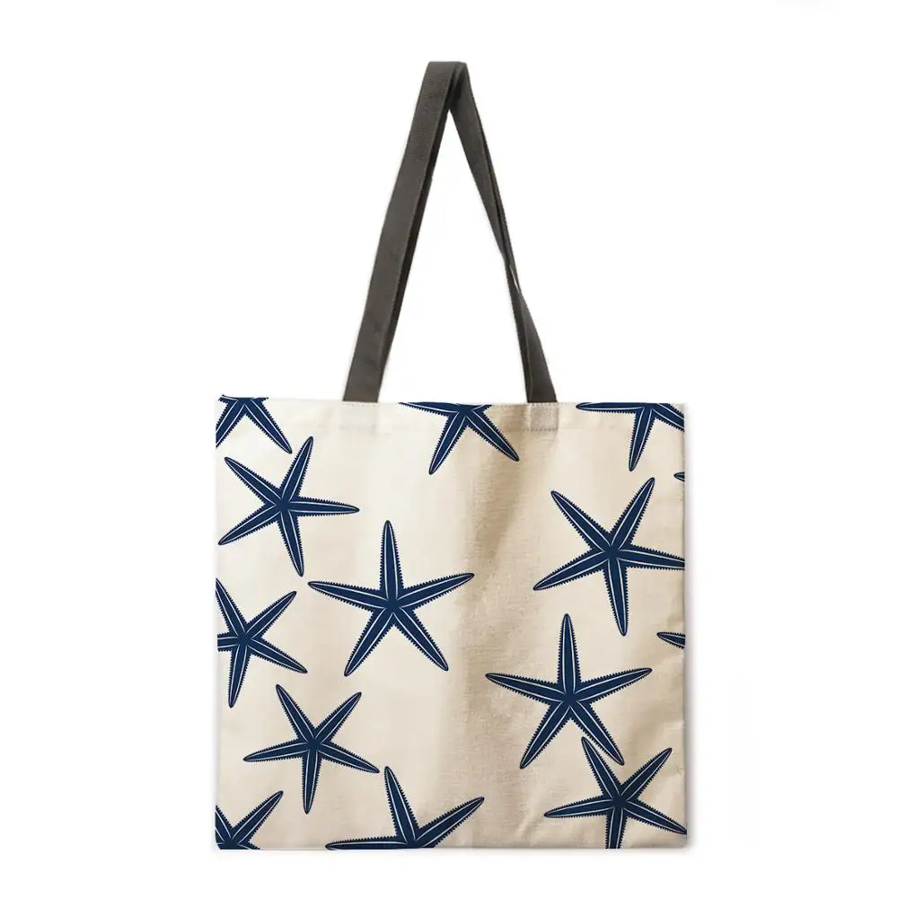Beach theme tote bag Shoulder bag Linen fabric casual tote bag Foldable shopping bag Reusable beach bag