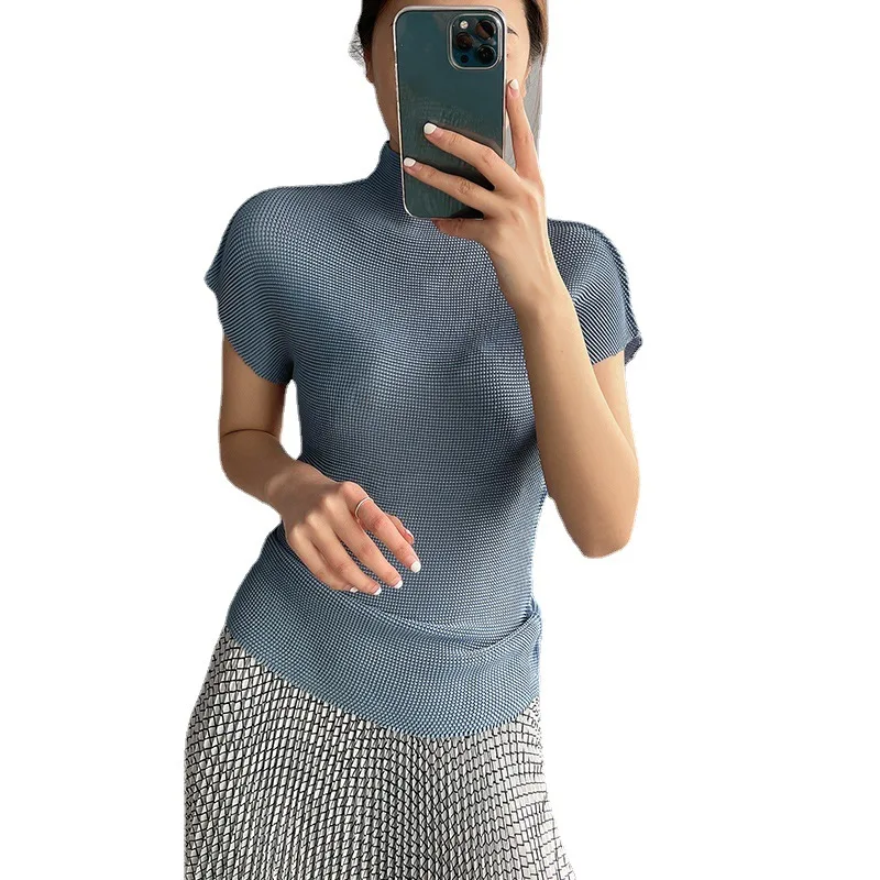 

TVVOVVIN High Collar Short Sleeve Female New Korean Solid Color Slim T-shirt Summer 2021 Simple Stretch Top RQG7