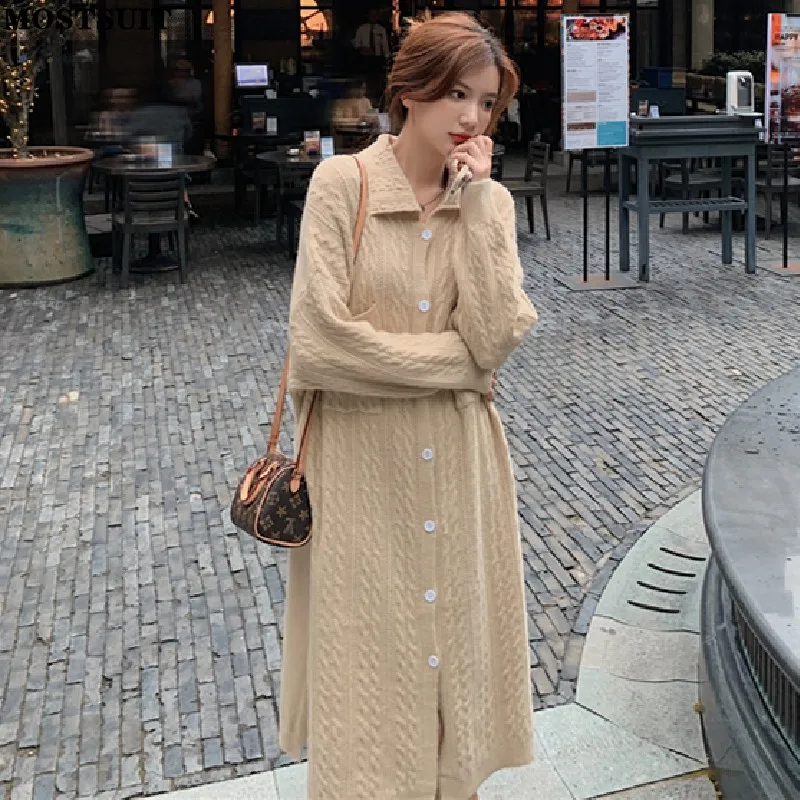

Single-breasted Knitted Cardigan Dress Women Full Sleeve Turn-down Collar Belted Dresses Vintage Fashion Chic Ladies Vestidos