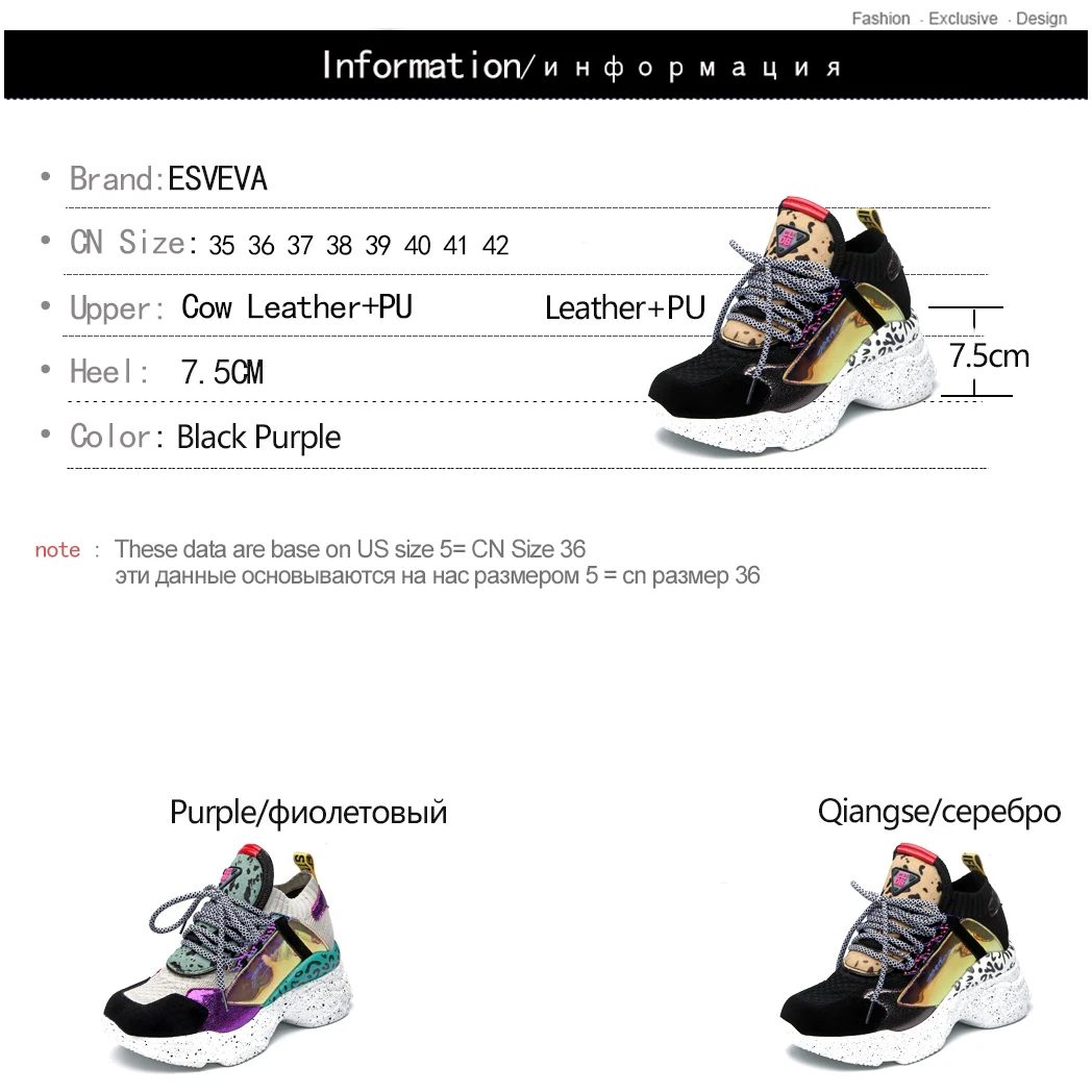 

ESVEVA 2020 Women Shoes Platform PU +Leather Pointed Toe Printing Lace Up Sneaker Casual Wedge Heel Shoes Breathe Size 35-42