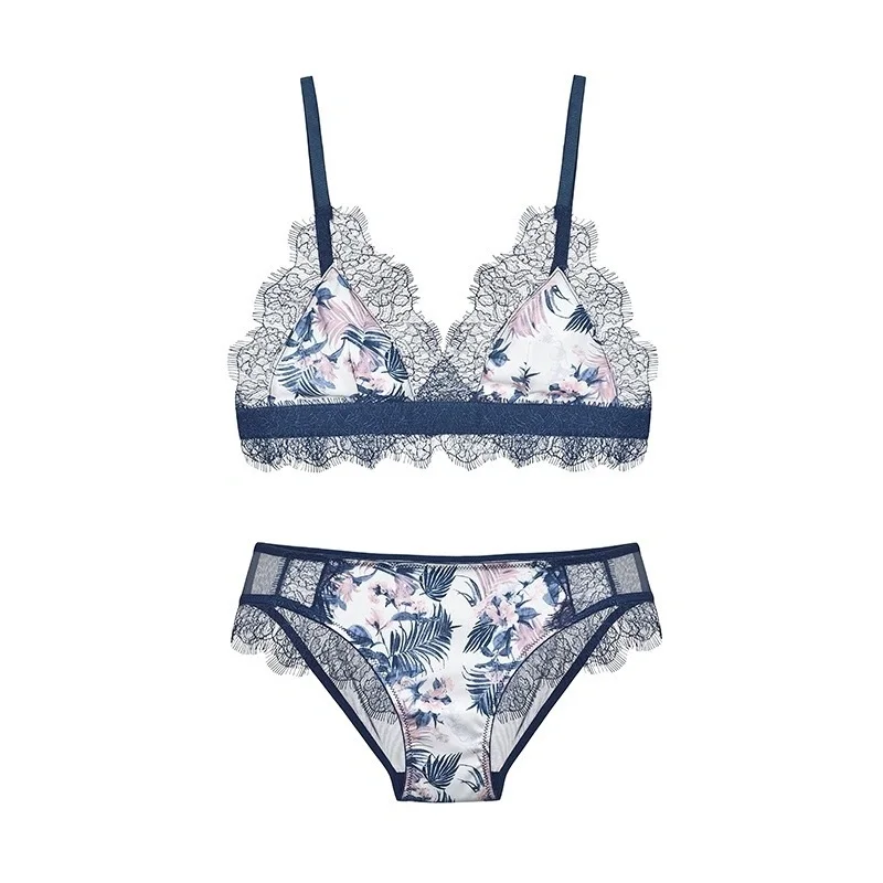 

Sexy Silk eyelash lace Bra and Panty Set Women Luxury Lingerie Underwear Wire-Free Ultra-Thin French Triangle Cup Bralette