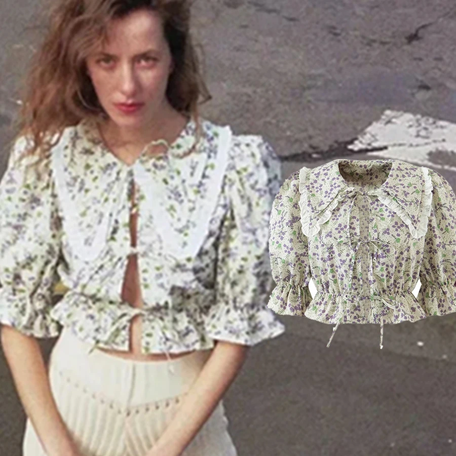 

Elmsk Blusas Mujer De Moda 2021 Indie фольклорная винтажная Цветочная печать бандажная короткая блузка женская английская пикантная рубашка женские топы
