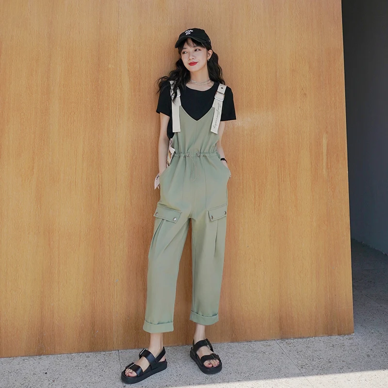 

Women Overalls Drawstring Waist Loose Casual Streetwear Hip Hop Harem Cargo Pants Straight Suspenders Trouser Jumpsuits 2020