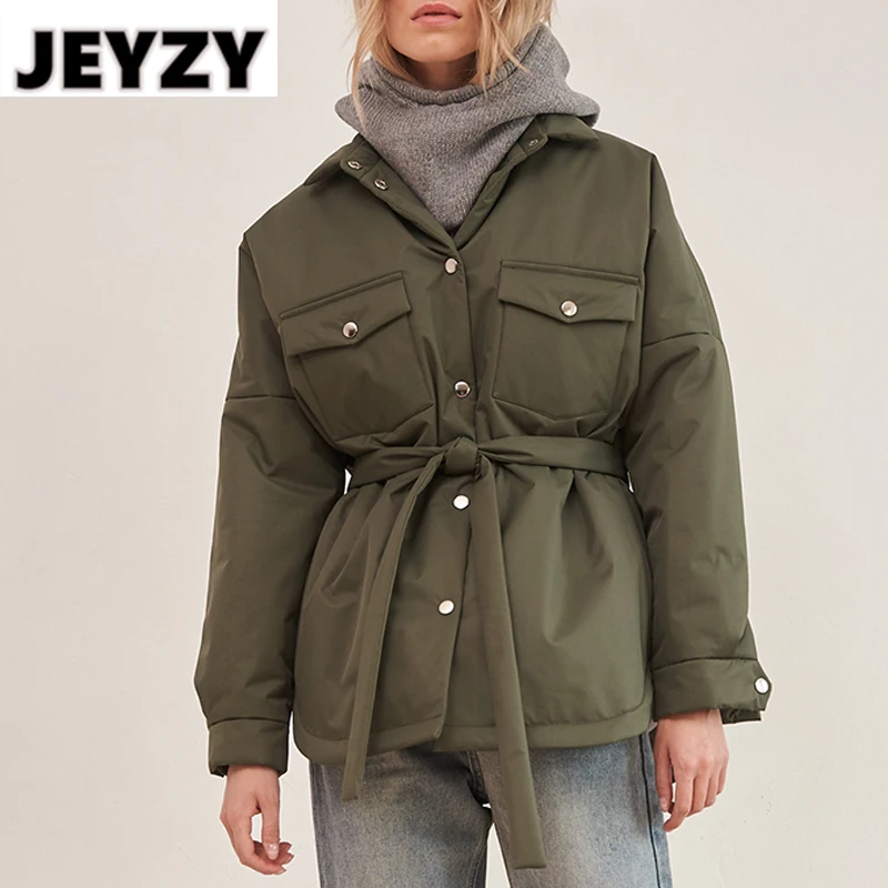 

Fashion Front Pockets Parkas with Belt Women Elegant Solid Color Turn Down Collar Cotton Warm Jackets Ladies 2021 Casual Outwear