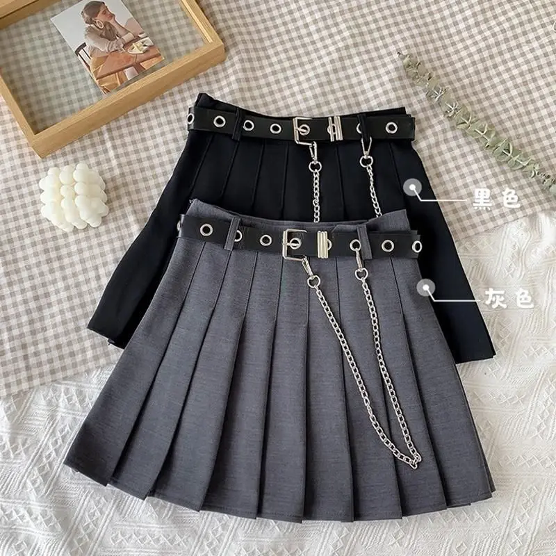 

Chain black pleated skirt cool female 2021 spring autumn new tooling high waist punk A-line retro skirt hip hop streetwear dress
