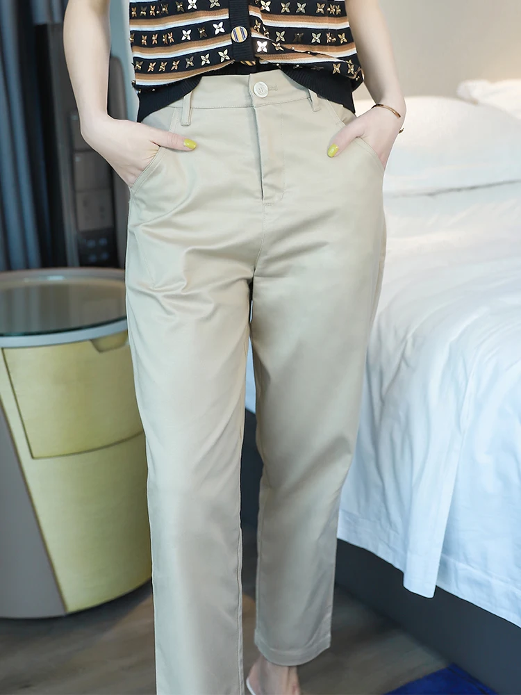 

Imported yarn-dyed cotton khaki breathable tapered pants slimming harem pants ankle-length pants women's back elastic pocket
