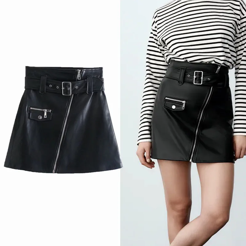 ZA Women Black PU Faux Leather Mini Skirts Womens High Waist Short Skirt with Zipper Pocket Sashes Fashion Sexy Short Dress