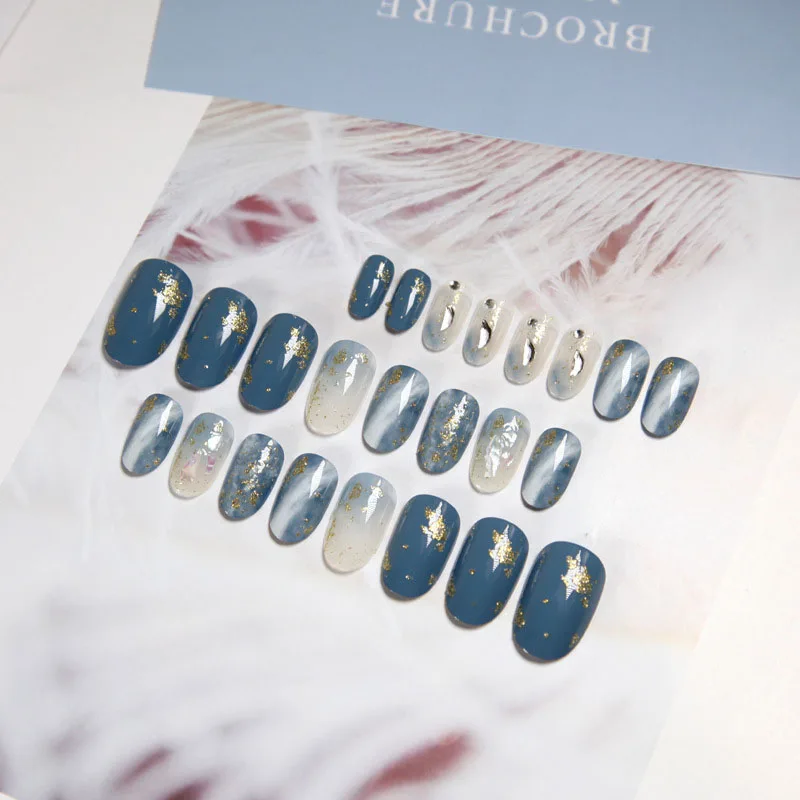 

24Pcs/boxed Blue gray with Rhinestone Mid-Length press on Nails Women Wearable Full Cover Finger fake nails acrylic with glue