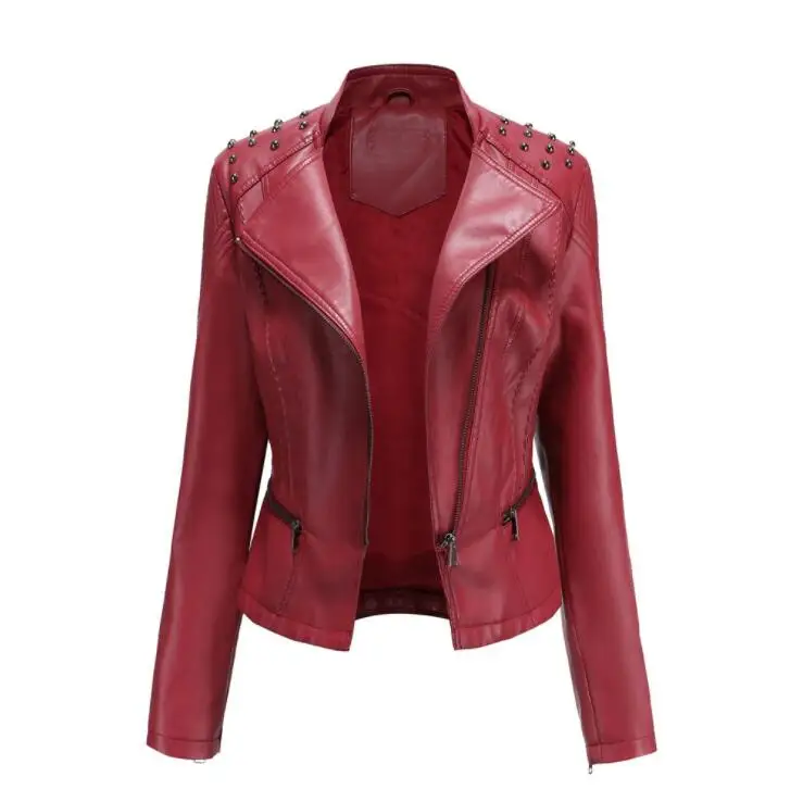 6 Colors Special Women Lapel Rivet Leather Jacket Women's leather jacket Slim Overcoat Eurocode PU Leather Coat