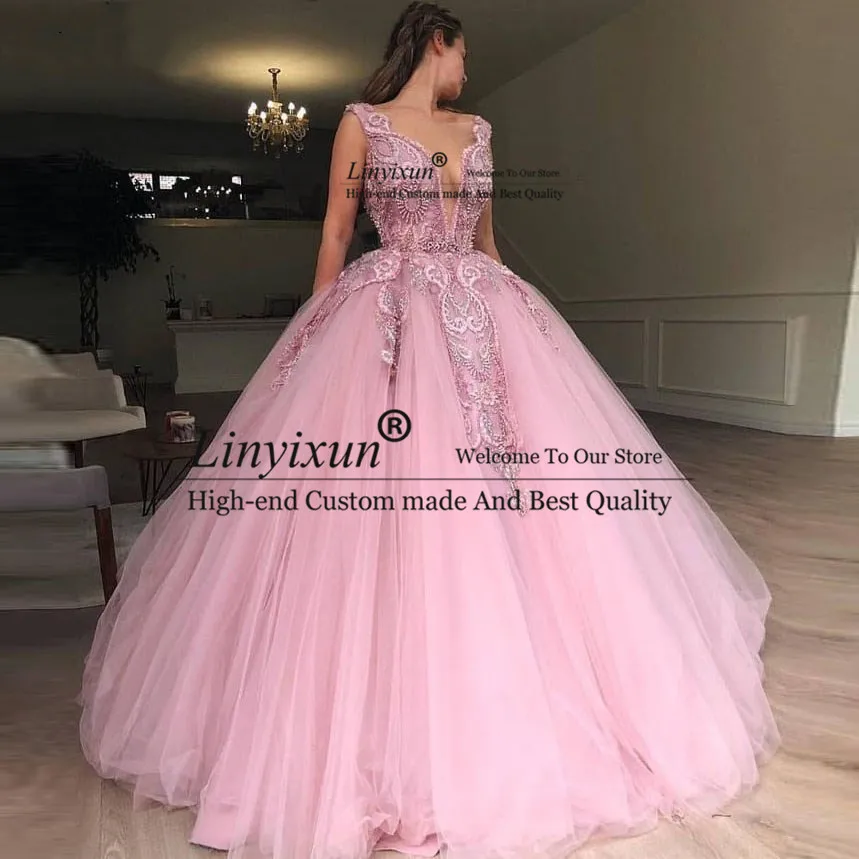 

2019 Latest Pink Tulle Ball Gown Prom Dresses Heavy Beading Engagement Photos Red Carpet Formal Evening Dress Charming Gowns
