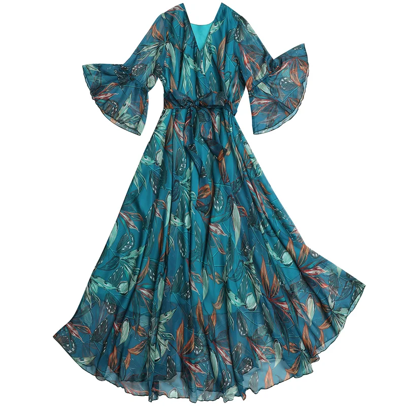 

2021 Spring/Summer New Chiffon Dress Large Size Loose popular Vintage V-Neck Dress Women Flared Sleeves Big Swing Dress s673