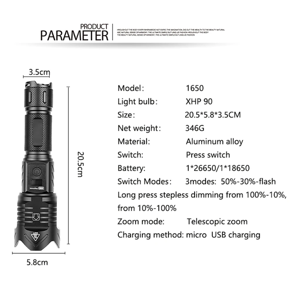 

XHP90 With safety hammer USB Rechargable 3 Modes Led flashlight LED Torch camping waterproof Zoomable 18650 26650 battery