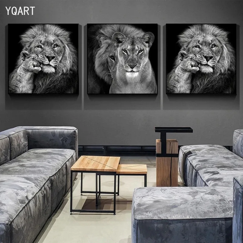 

Modern Black and White Lion Canvas Paintings Prints Lovely Lion's Family Wall Pictures For Home Living Room Cuadros Murals