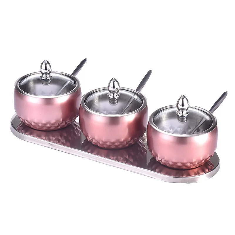 

Stainless Steel Seasoning Jar European Seasoning Box with Spoon Glass Lid Seasoning Bottle Set Kitchen Supplies