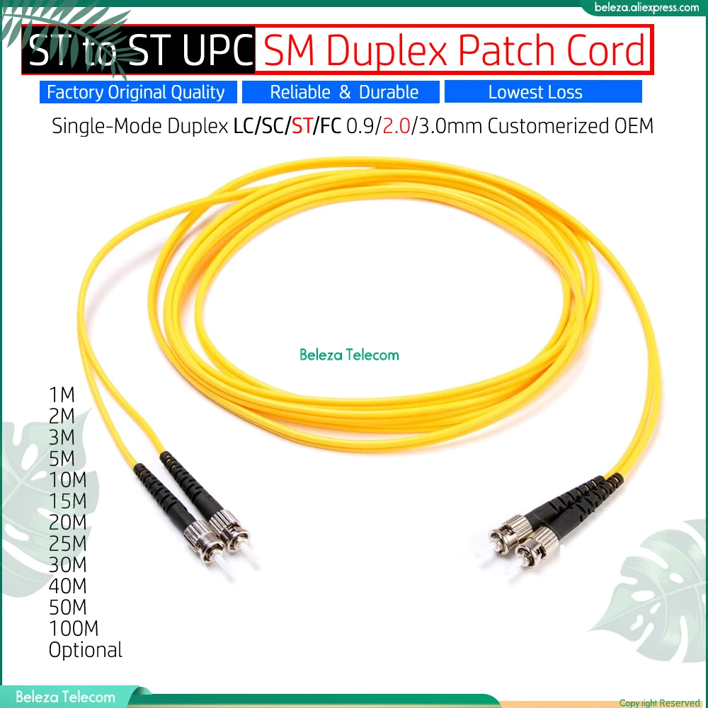 

Customerized High Quality 1m~50m ST to ST UPC Mixed SM Duplex LC/SC/ST/FC UPC Patch Cord Jumper Cable 2.0/3.0mm 1~50m