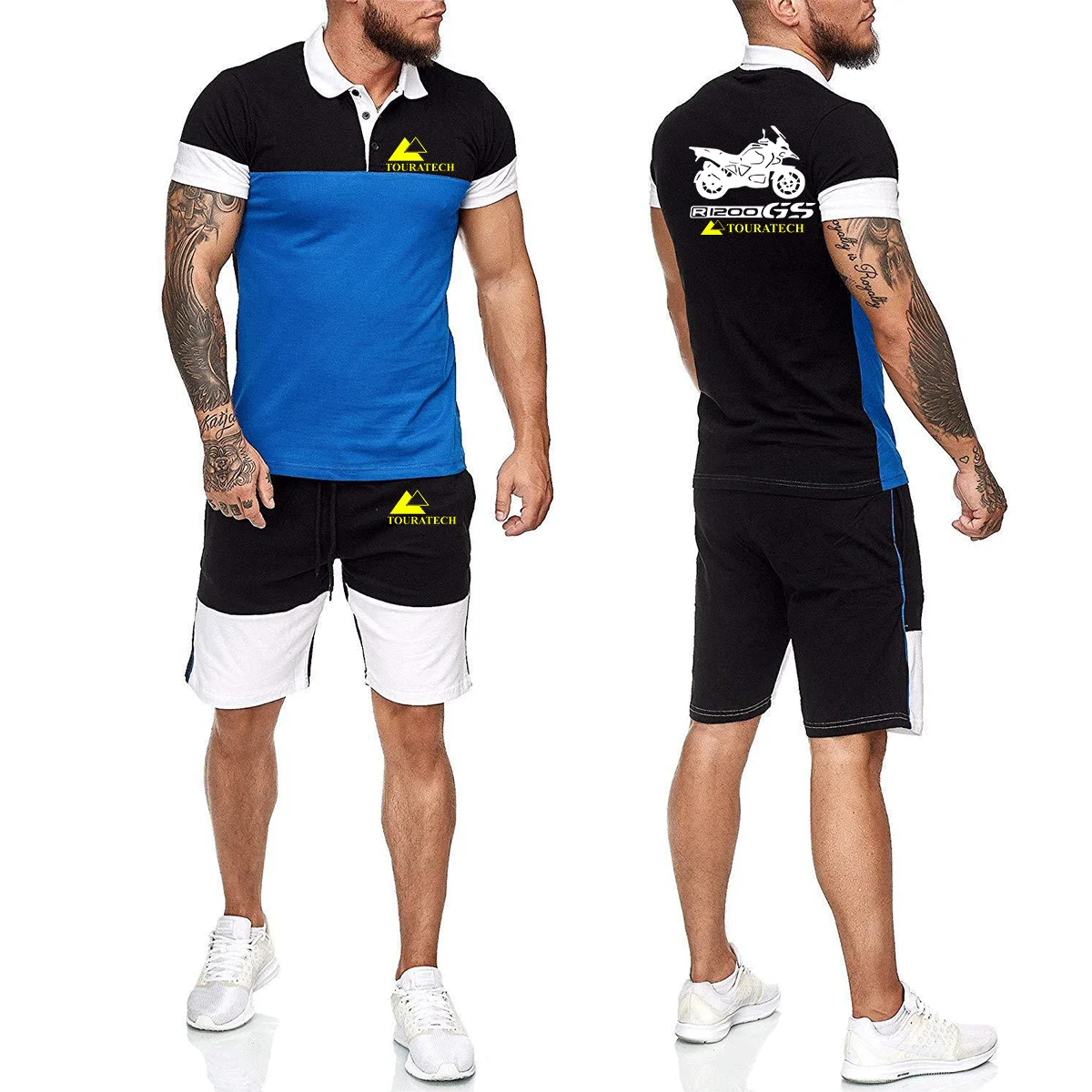 

2021 New Summer Men's R1200gs Motorcycle Logo Patchwork Lapel Polo Shirt + Shorts 2 Pieces Sets Casual Sports Suit 4 Colors