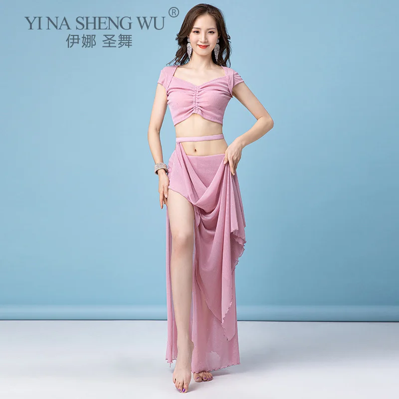 

Women Oriental Practice Wear Set Professional Bellydance Belly Dance Costume Set Top Solid Color Split Long Skirt Outfit Clothes