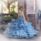 Пыльное синее платье с цветочным рисунком для девочек, свадебное платье, свадебное платье, детское нарядное платье, Тюлевое платье с оборками для первого причастия